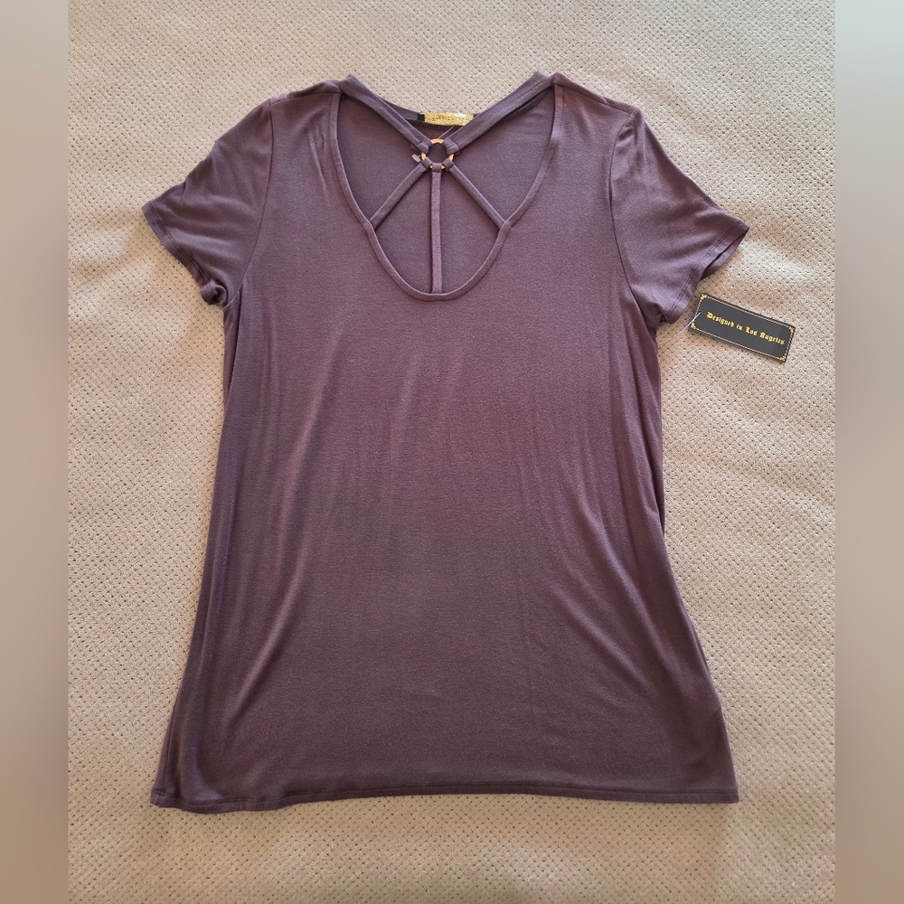 New Rags II Riches Women's medium Brown shirt gold Ring Cutout-Neck short sleeve